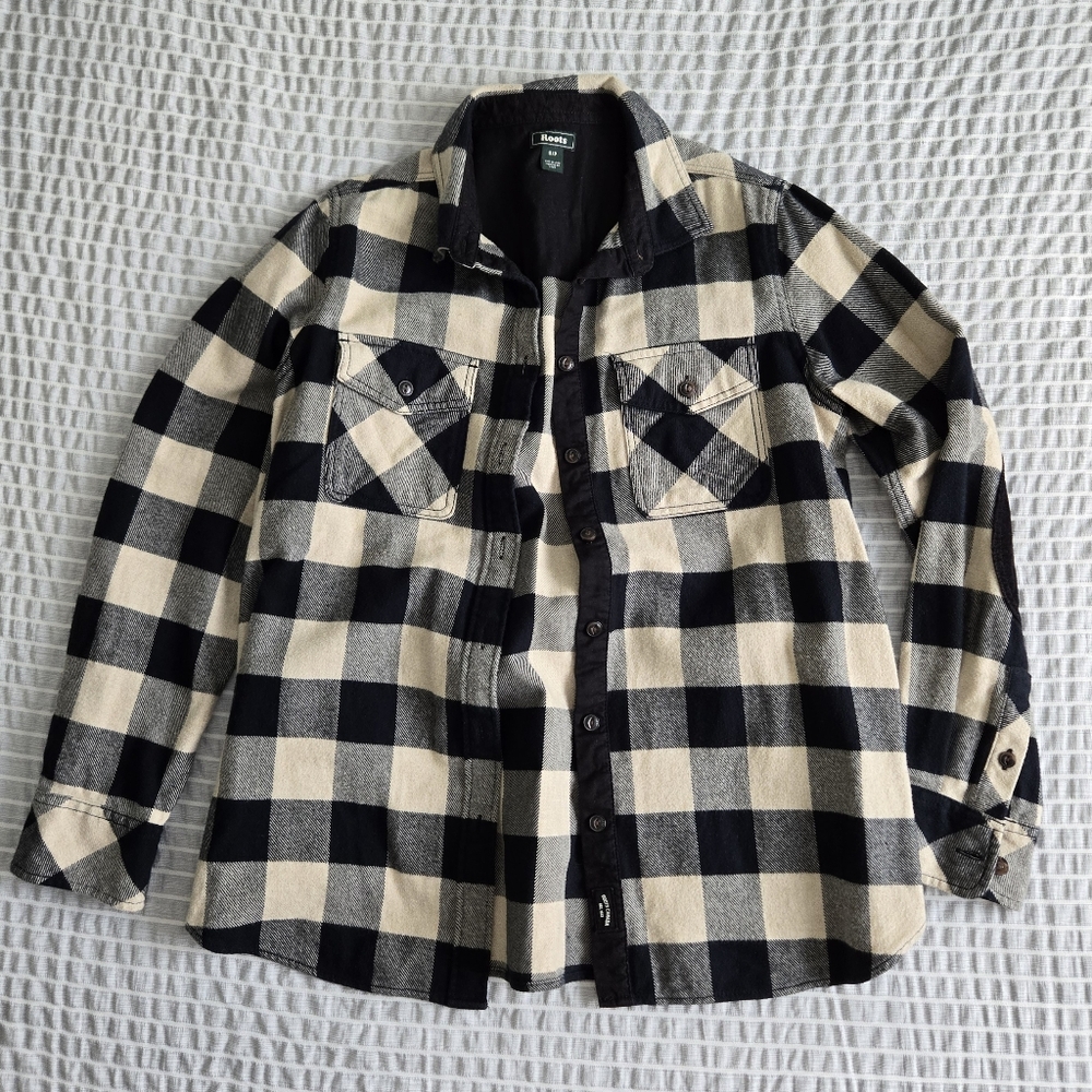 🍁 Roots Flannel Shirt Buffalo Check Plaid Ivory Black
